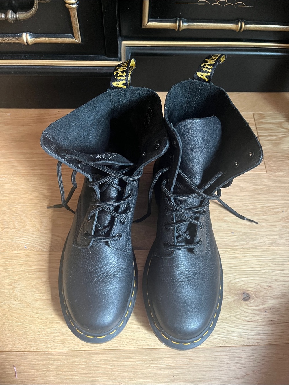 Dr. Martens Women's Black Leather Lace-Up Combat Boots with Yellow Stitching